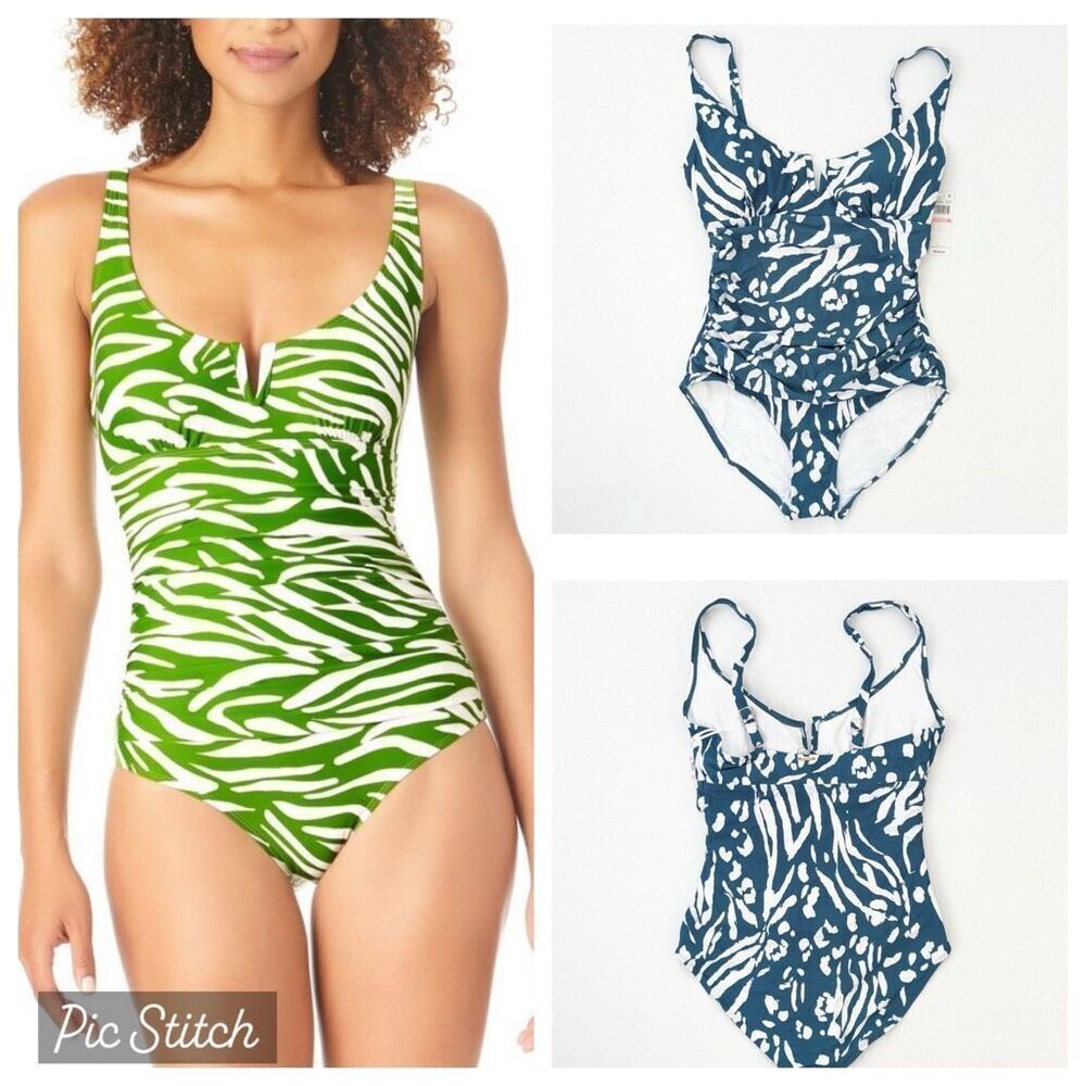 NWOT Anne Cole Dark Green White V Wire Zebra Print One Piece Swimsuit - Size 6